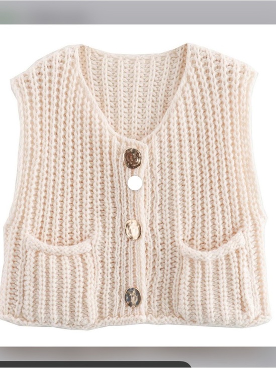 Sweaters - Chunky Cream Knit Pocket Vest with Gold Buttons